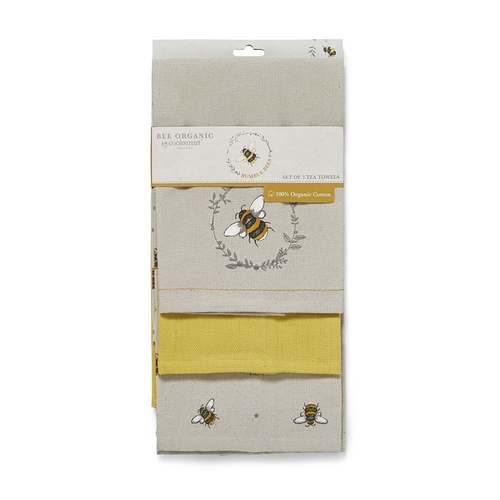 Cooksmart Bumble Bees Organic Cotton 3 Pack Tea Towels