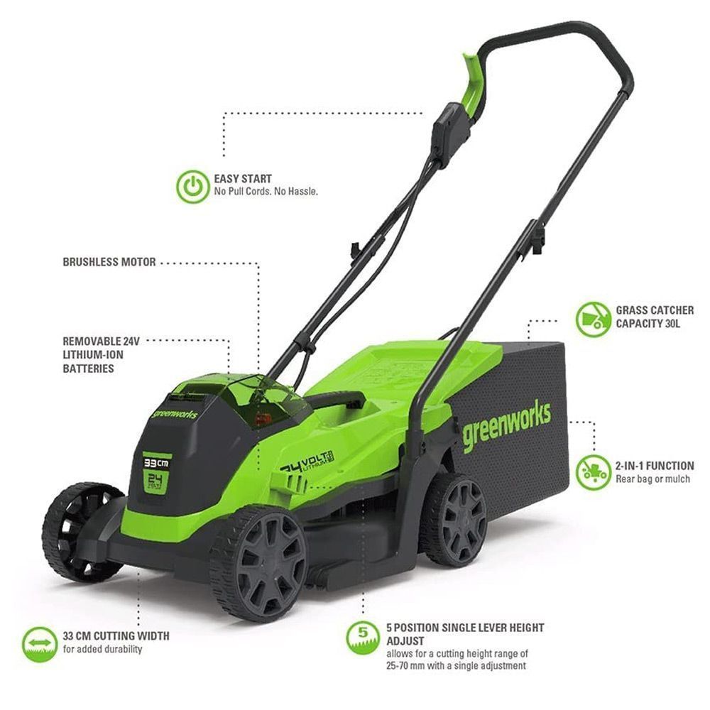 Greenworks 24V 33cm Cordless Lawnmower & 2Ah Battery