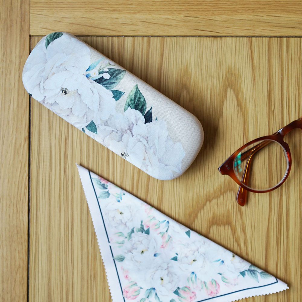 Floral White Peony Glasses Case